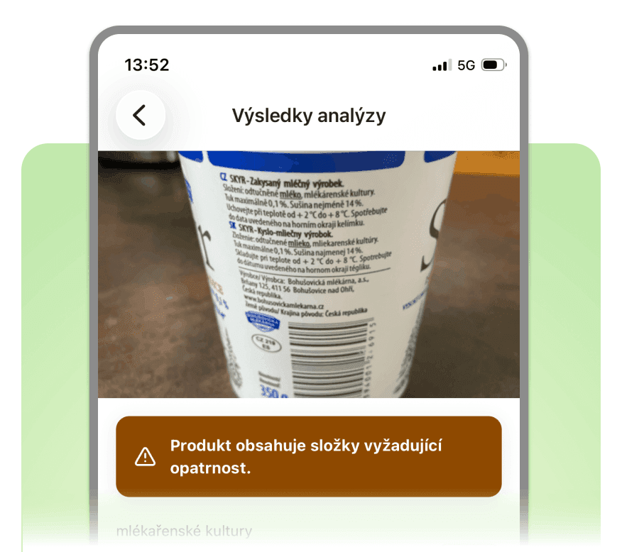 Ukázka analýzy složení produktu v aplikaci BezHistaminu